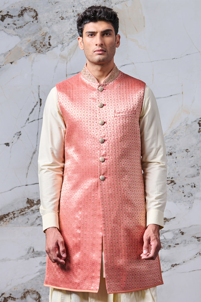 Pink Sleeveless Jacquard Achkan with Embroidered Collar