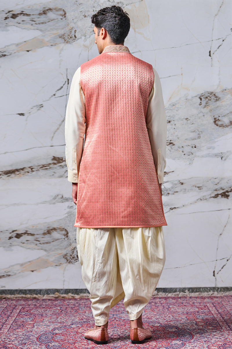 Pink Sleeveless Jacquard Achkan with Embroidered Collar