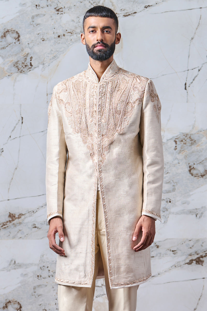 Ivory Achkan With Tissue Applique And Aari Embroidery