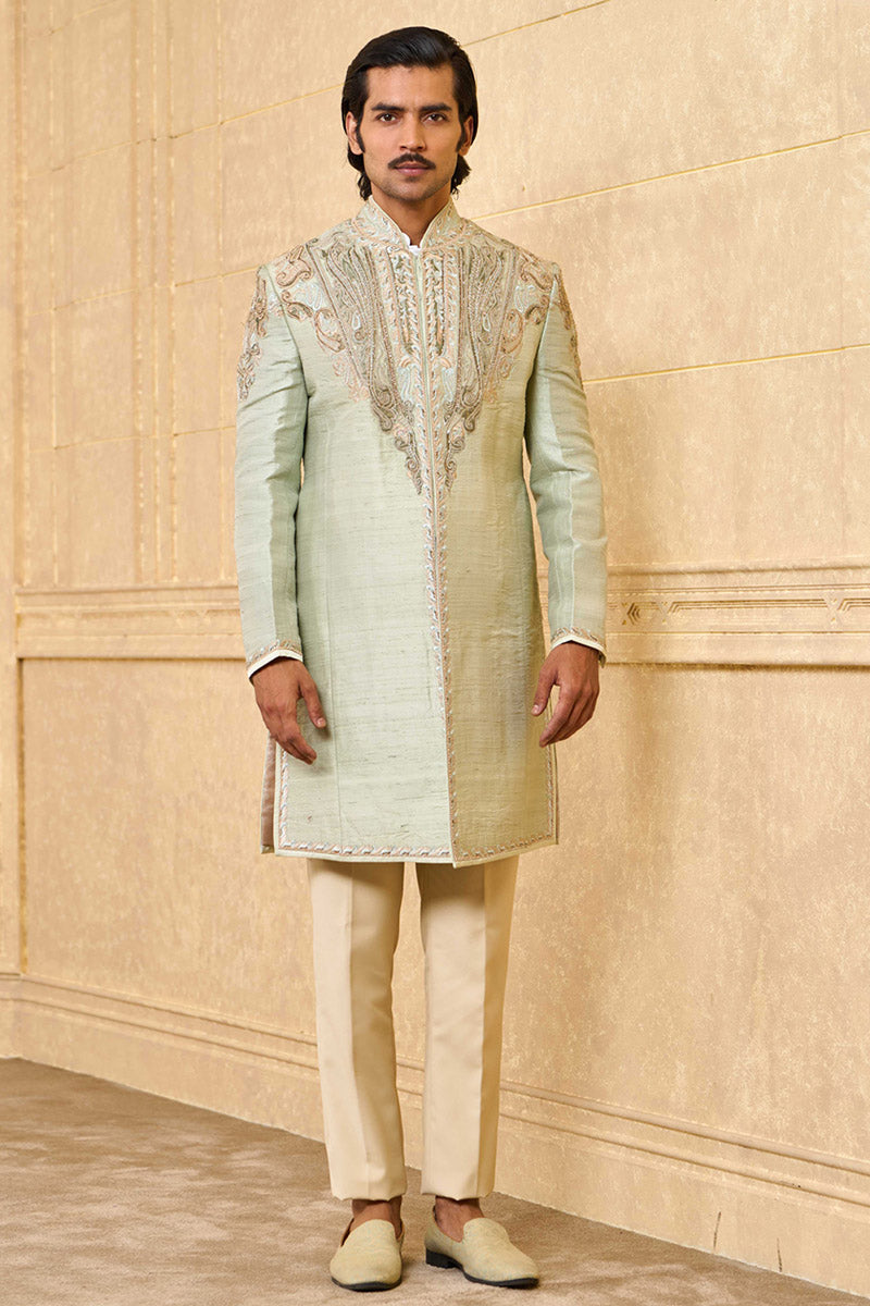 Light Green Achkan With Tissue Applique And Aari Embroidery