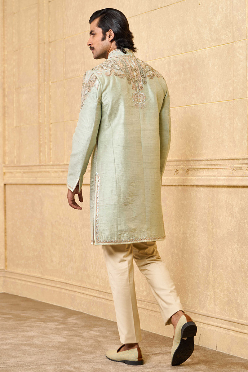 Light Green Achkan With Tissue Applique And Aari Embroidery