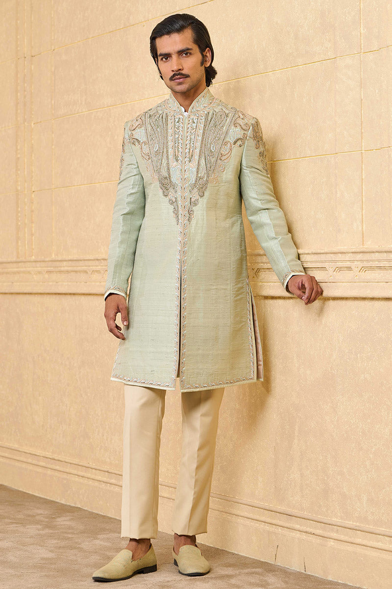 Light Green Achkan With Tissue Applique And Aari Embroidery