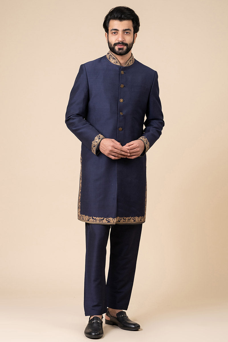 Navy Achkan With Zardozi Embroidery Highlights