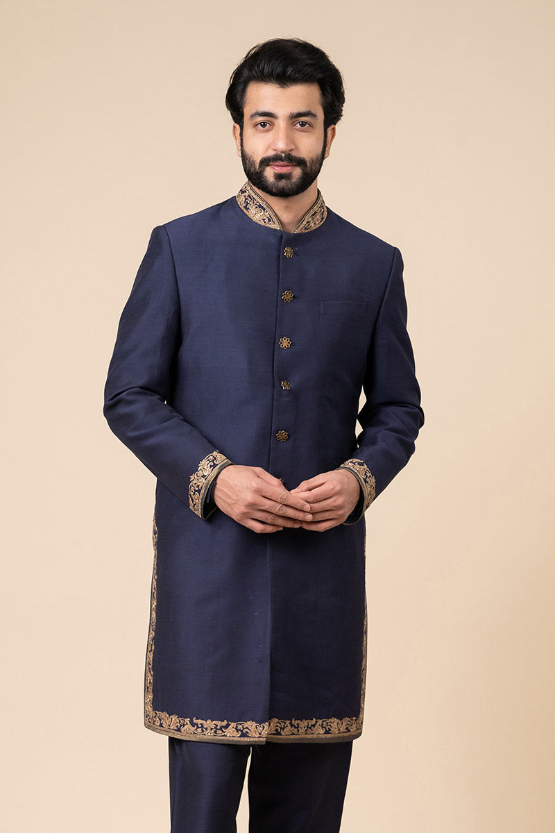 Navy Achkan With Zardozi Embroidery Highlights