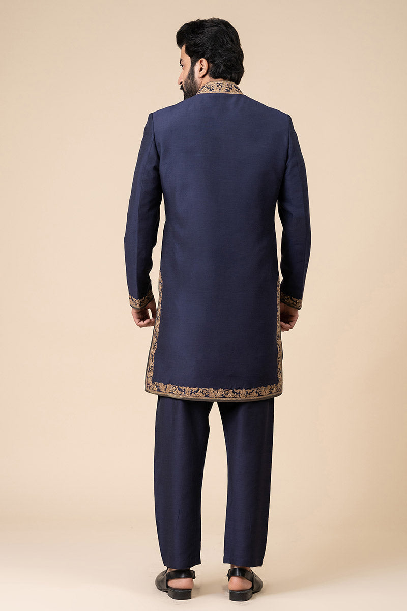 Navy Achkan With Zardozi Embroidery Highlights