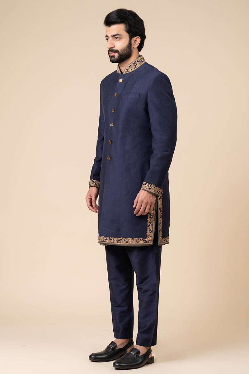 Navy Achkan With Zardozi Embroidery Highlights