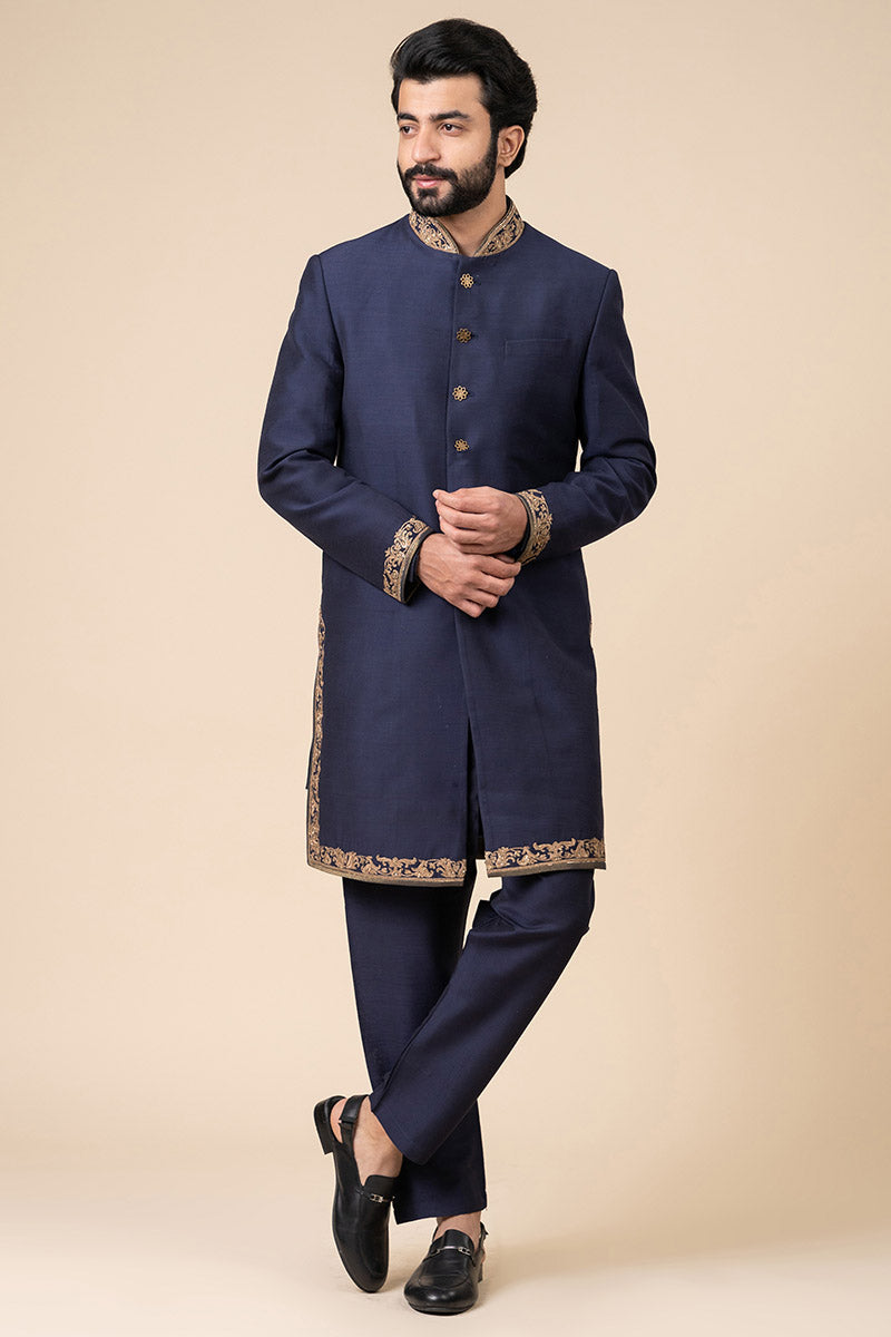 Navy Achkan With Zardozi Embroidery Highlights