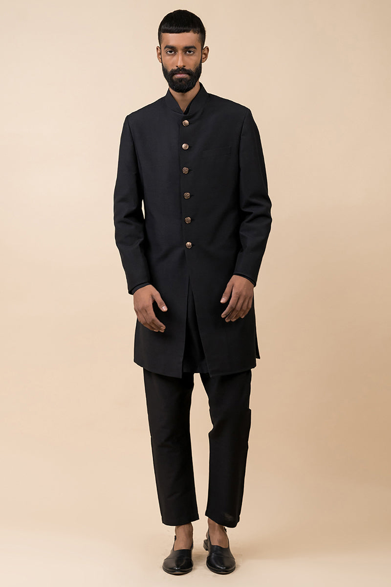 Black Classic Achkan with Tasva Button Detailing