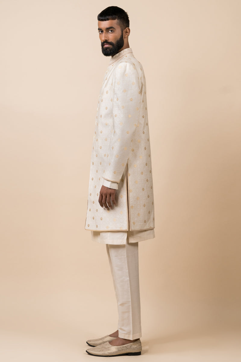 Ivory Classic Achkan With Embroidered Collar