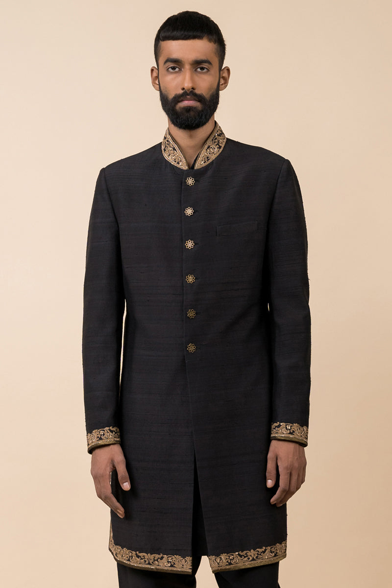 Black Achkan With Zardozi Embroidery Highlights