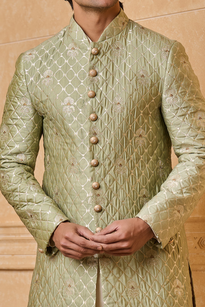 Light Green Fine Brocade Quilted Achkan