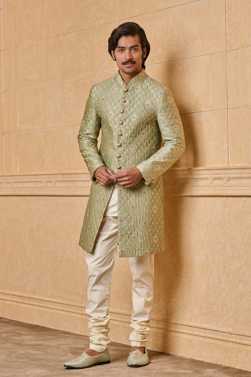 Light Green Fine Brocade Quilted Achkan