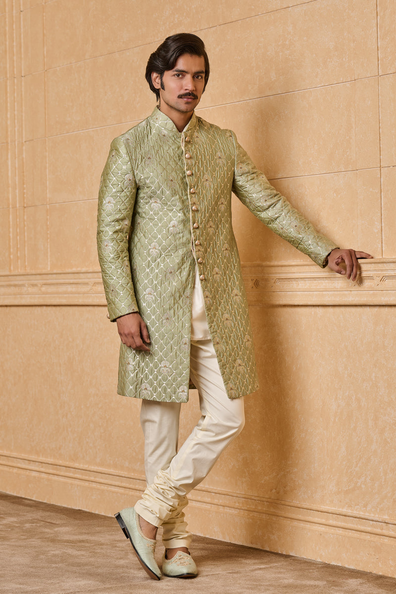 Light Green Fine Brocade Quilted Achkan