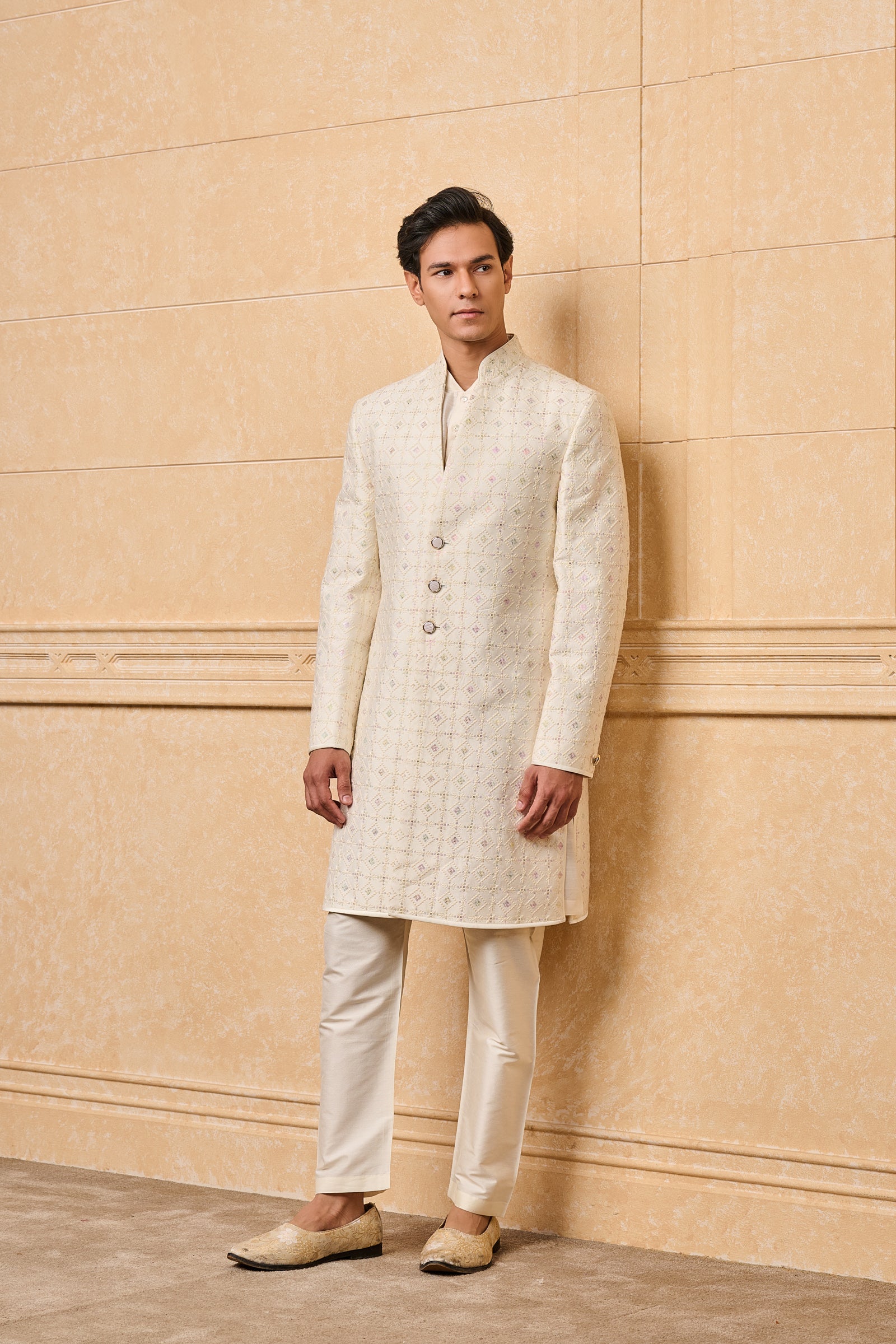 Ivory Thread And Sequins Embroidered Achkan