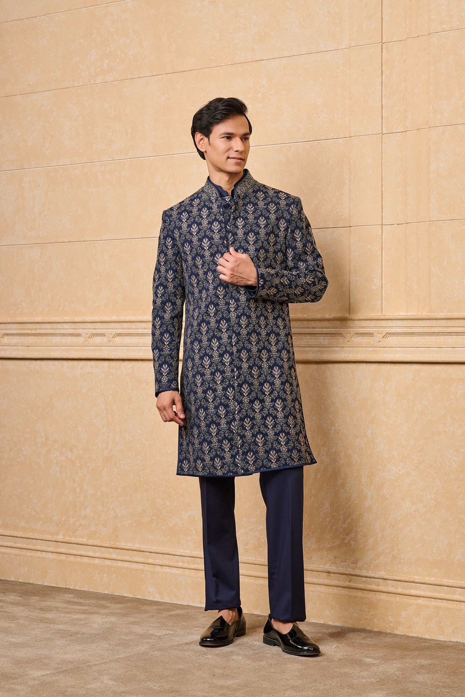 Navy All Over Embroidered Achkan