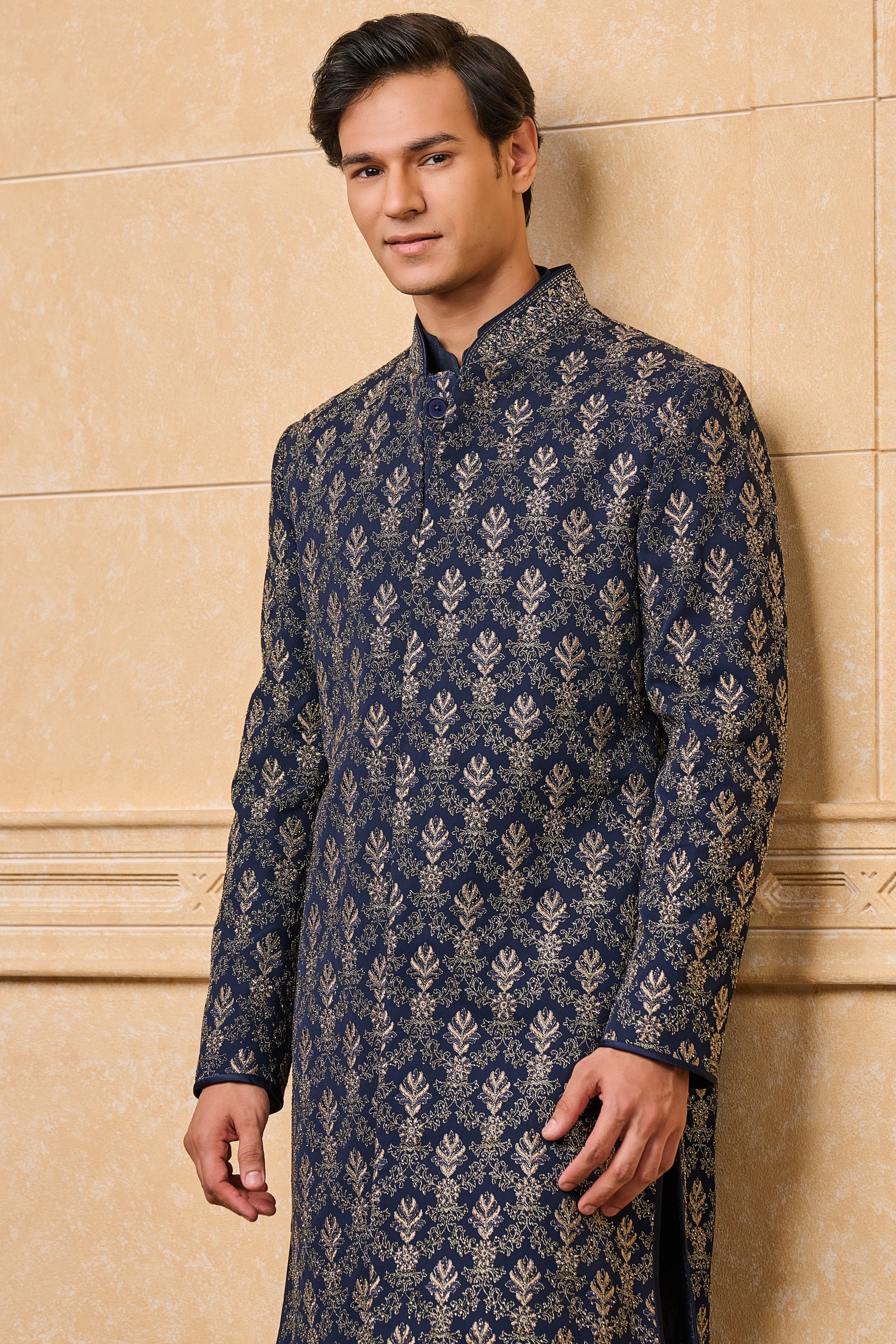 Navy All Over Embroidered Achkan