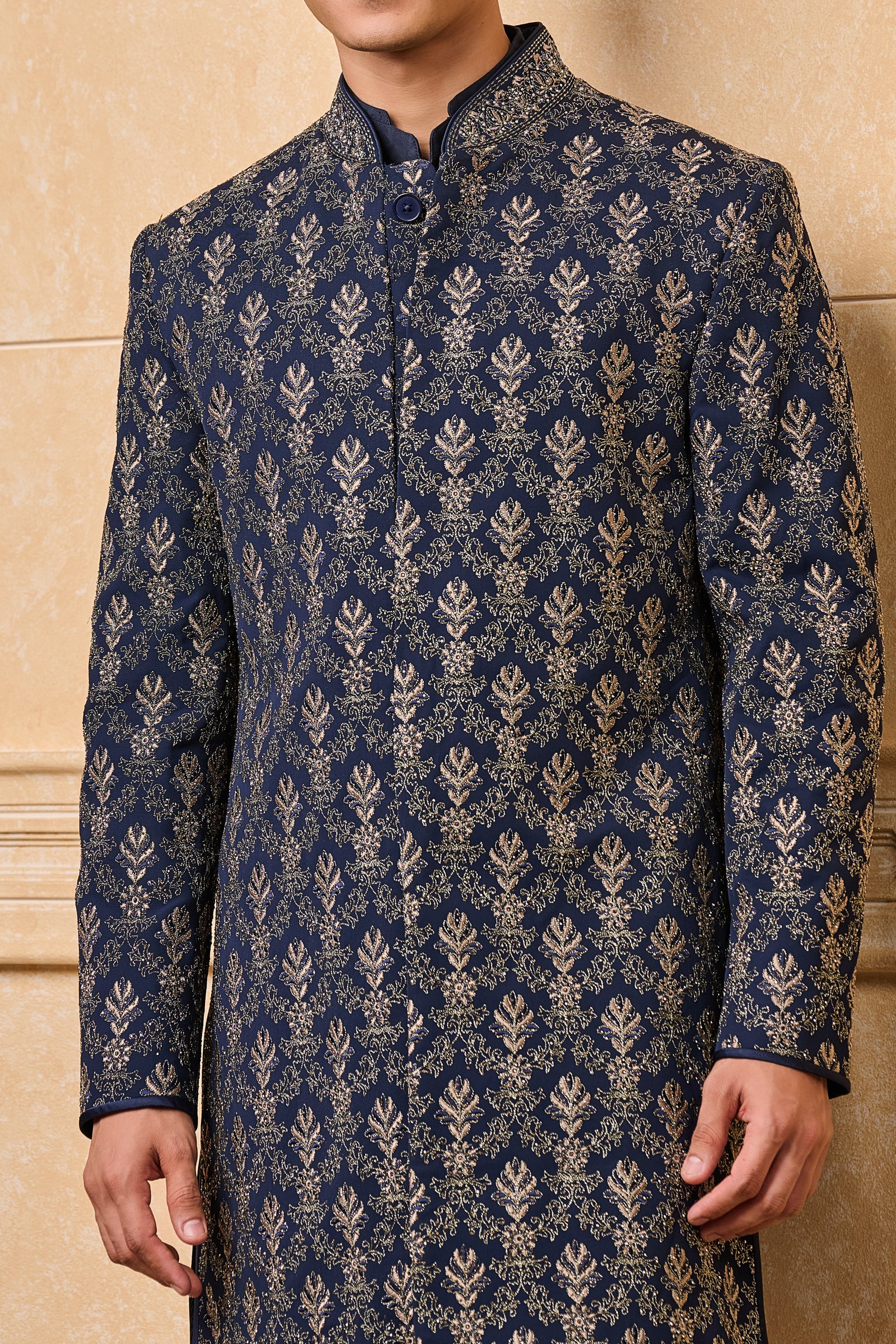 Navy All Over Embroidered Achkan