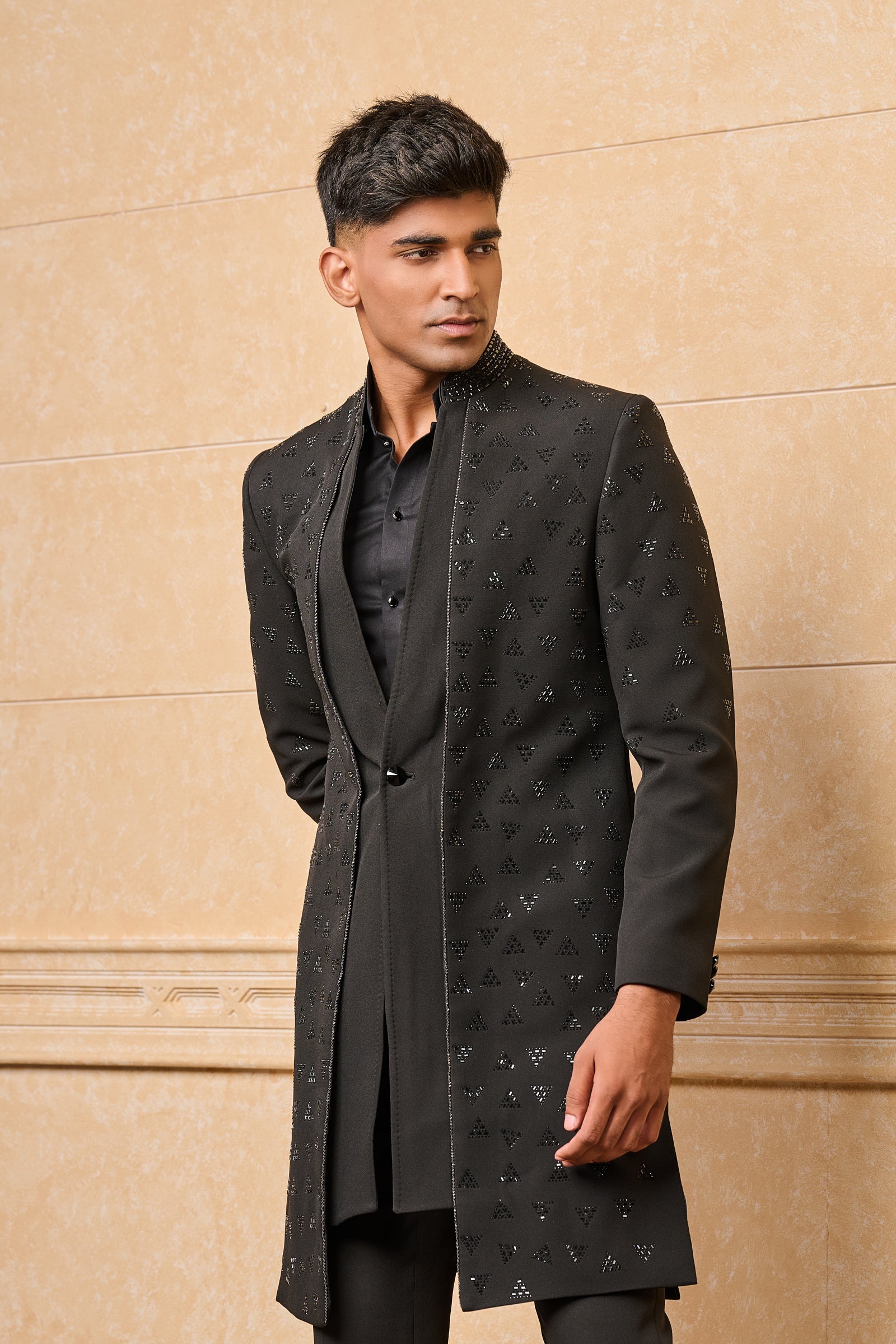 Black Open Jacket Achkan With Hotfix Detailing