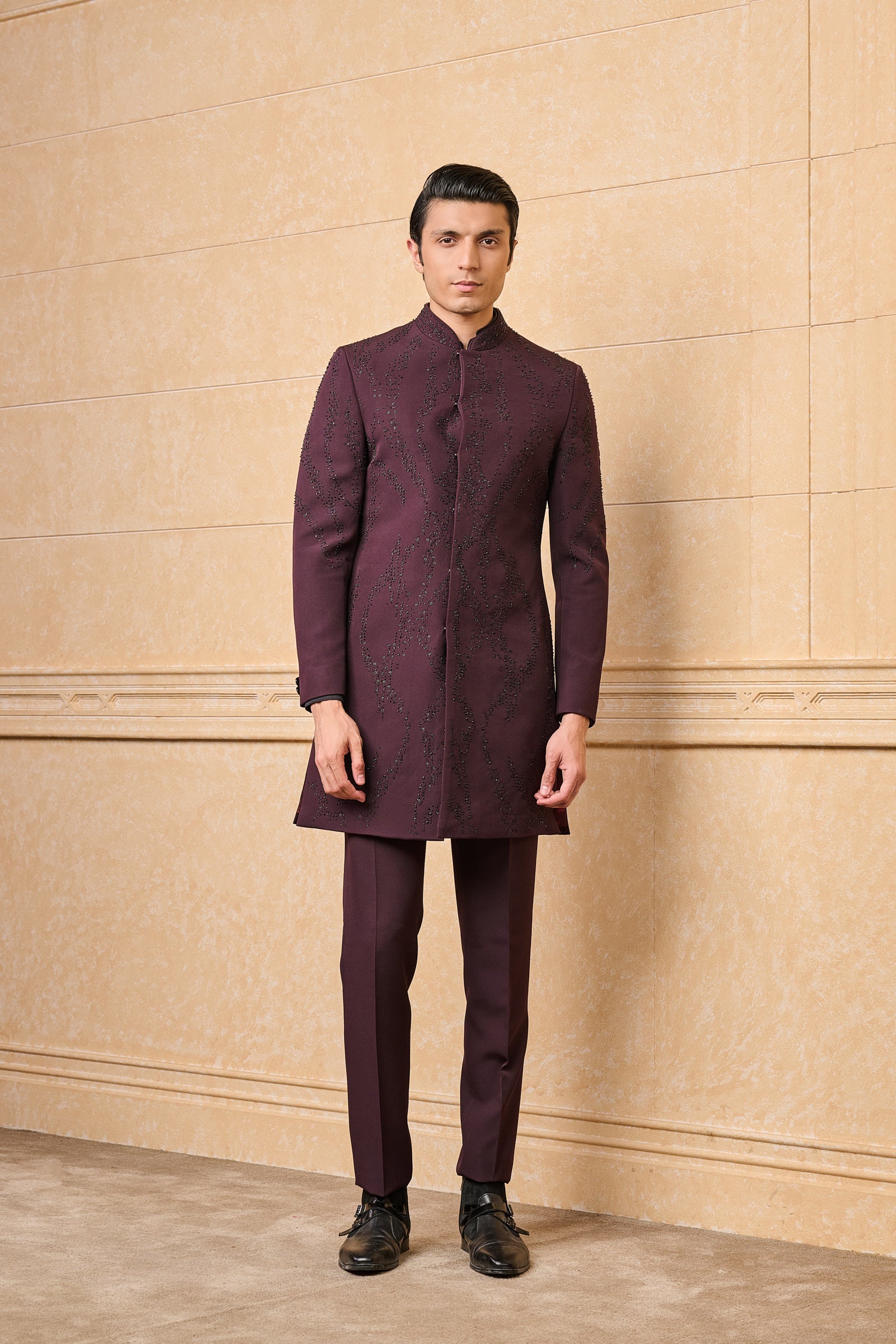 Wine Embroidered Layered Achkan