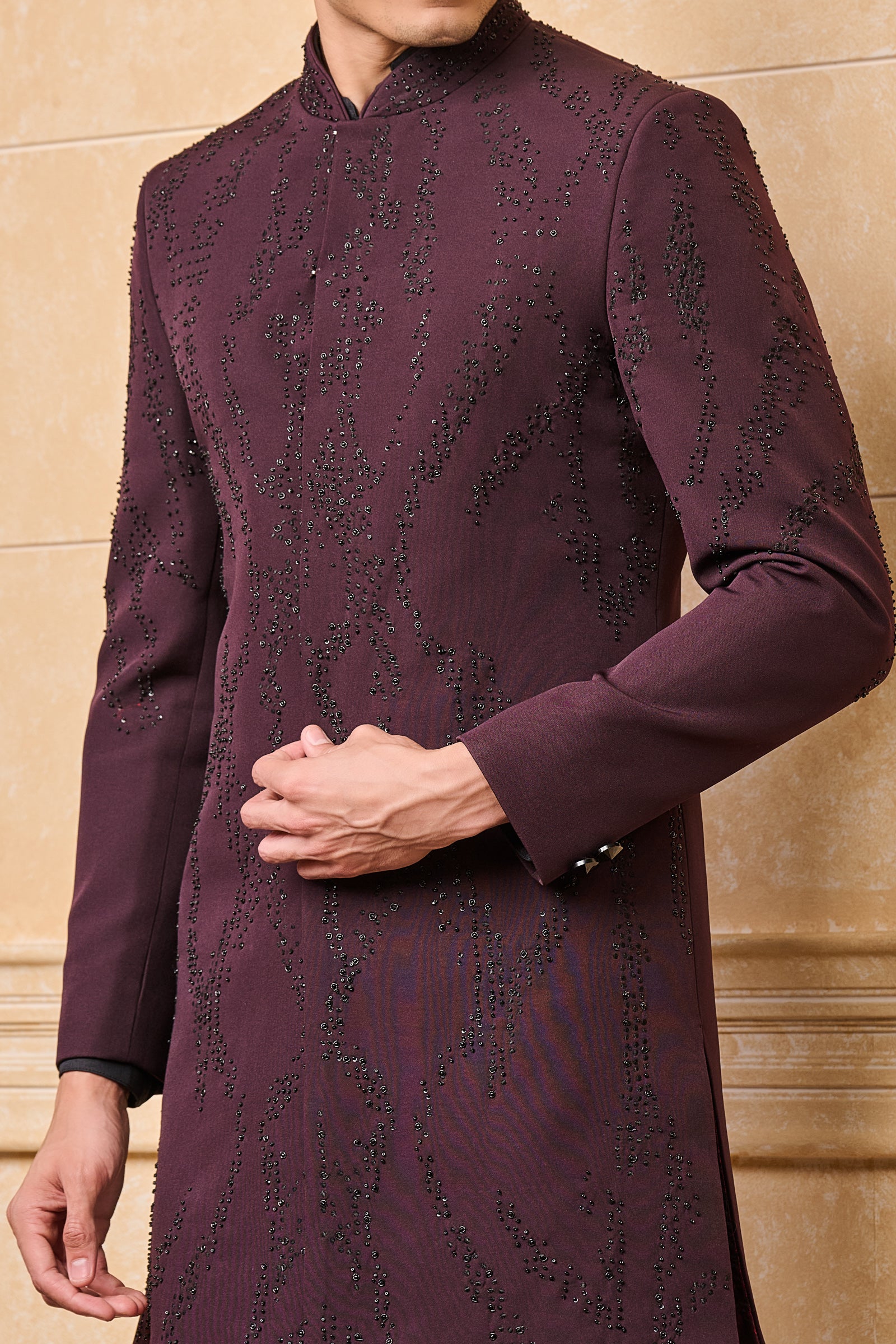 Wine Embroidered Layered Achkan