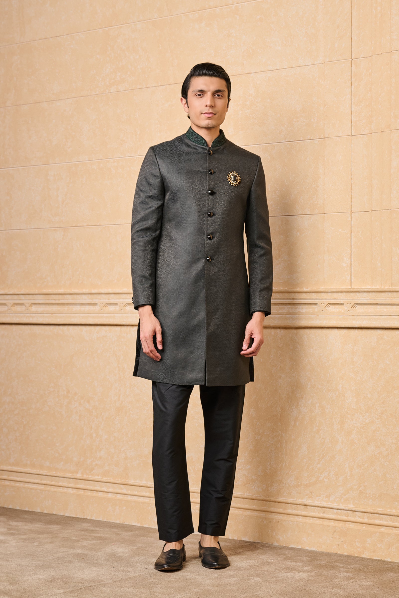 Black Classic Achkan With Embroidered Collar