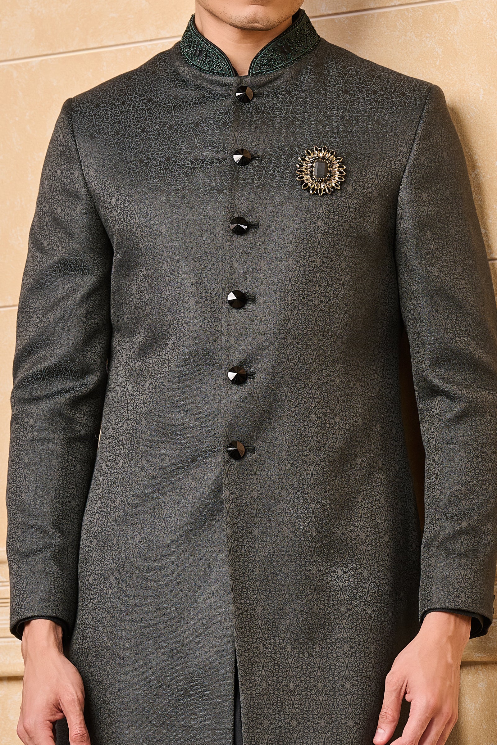 Black Classic Achkan With Embroidered Collar