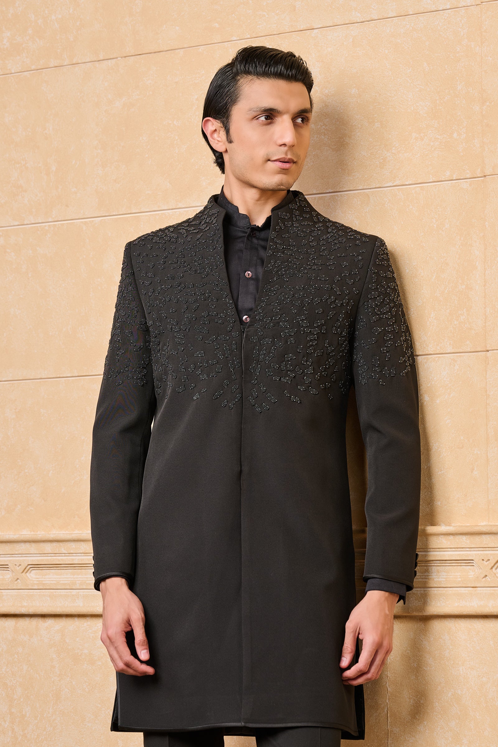 Black Achkan With Front Placement Embroidery