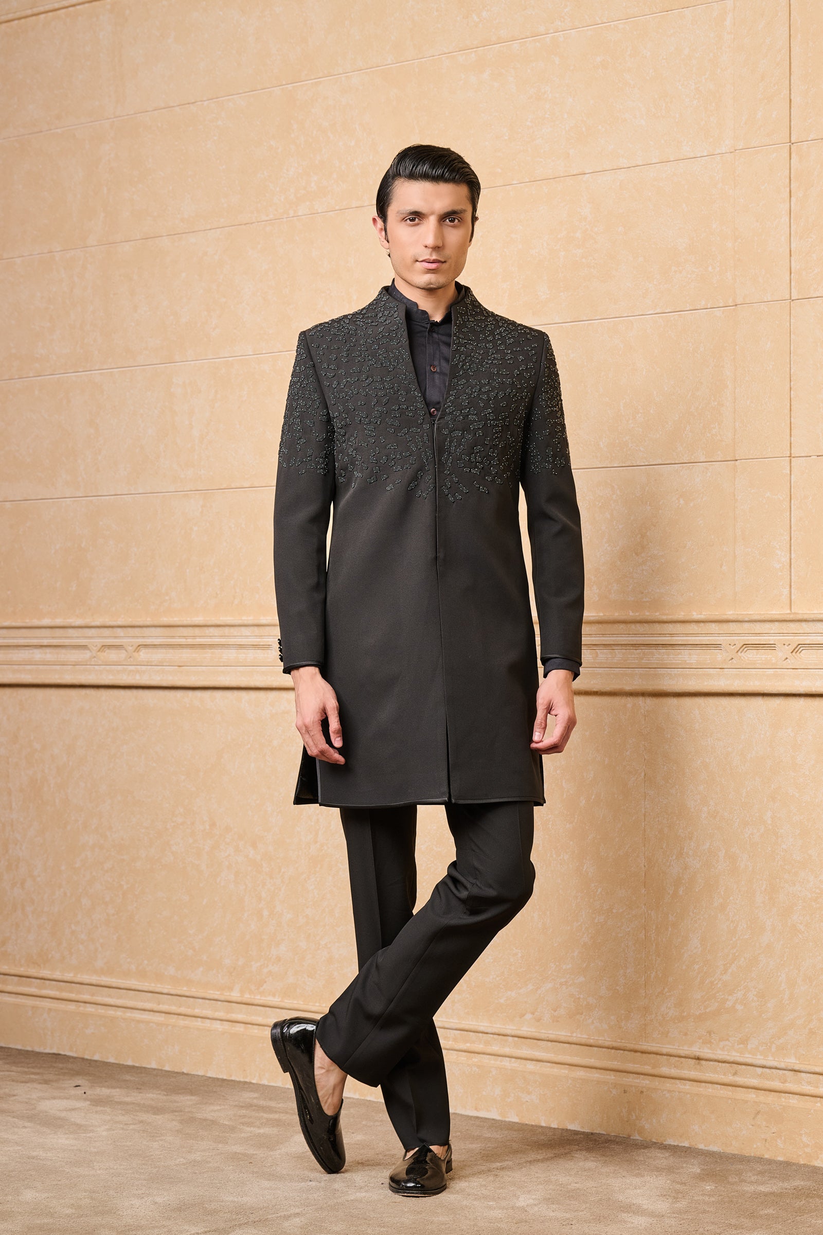 Black Achkan With Front Placement Embroidery