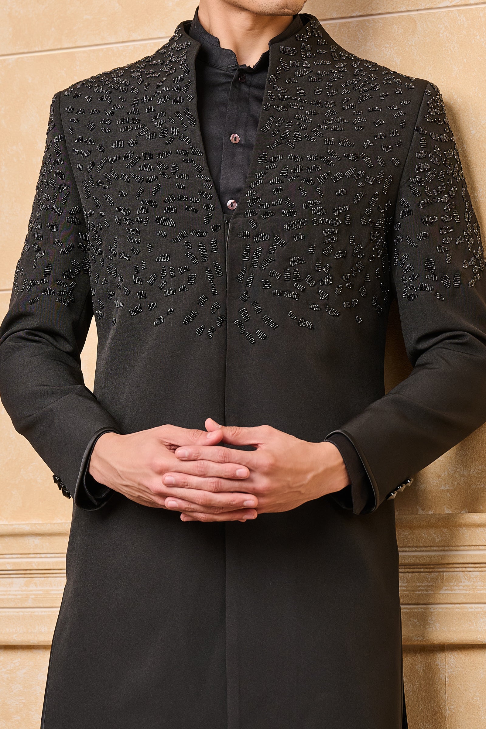 Black Achkan With Front Placement Embroidery