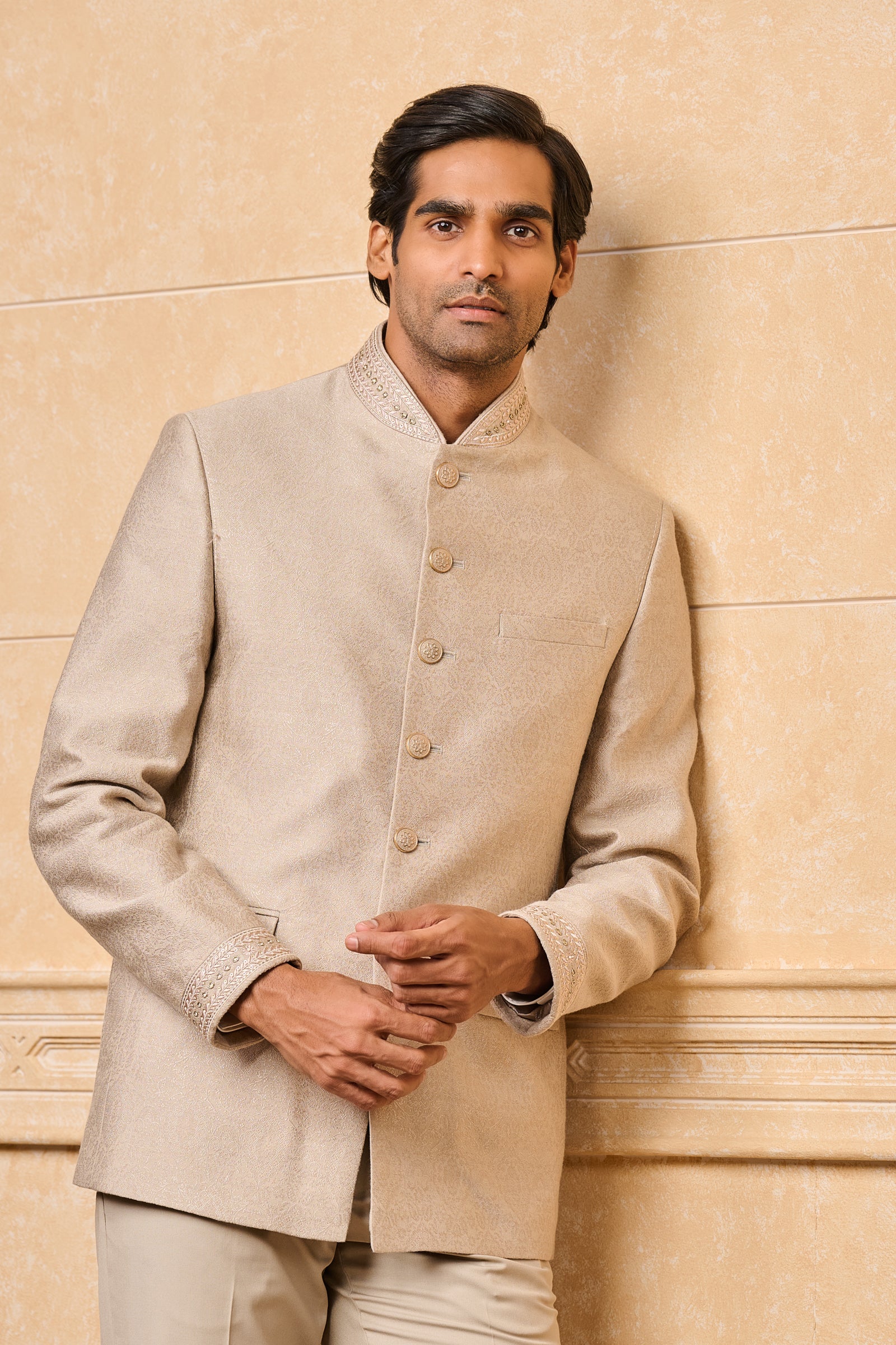 Beige Jacquard Bandhgala With Embroidery