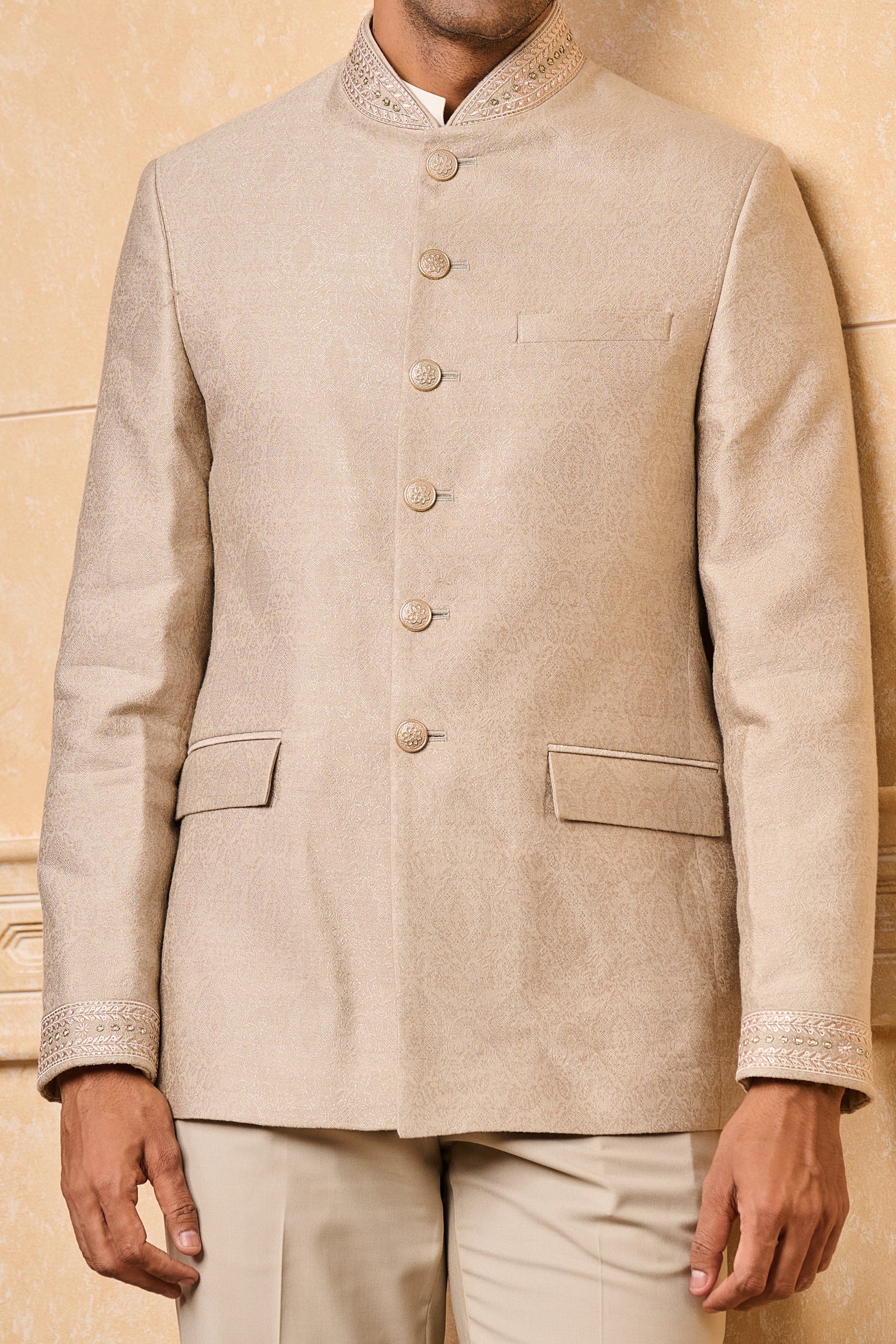 Beige Jacquard Bandhgala With Embroidery