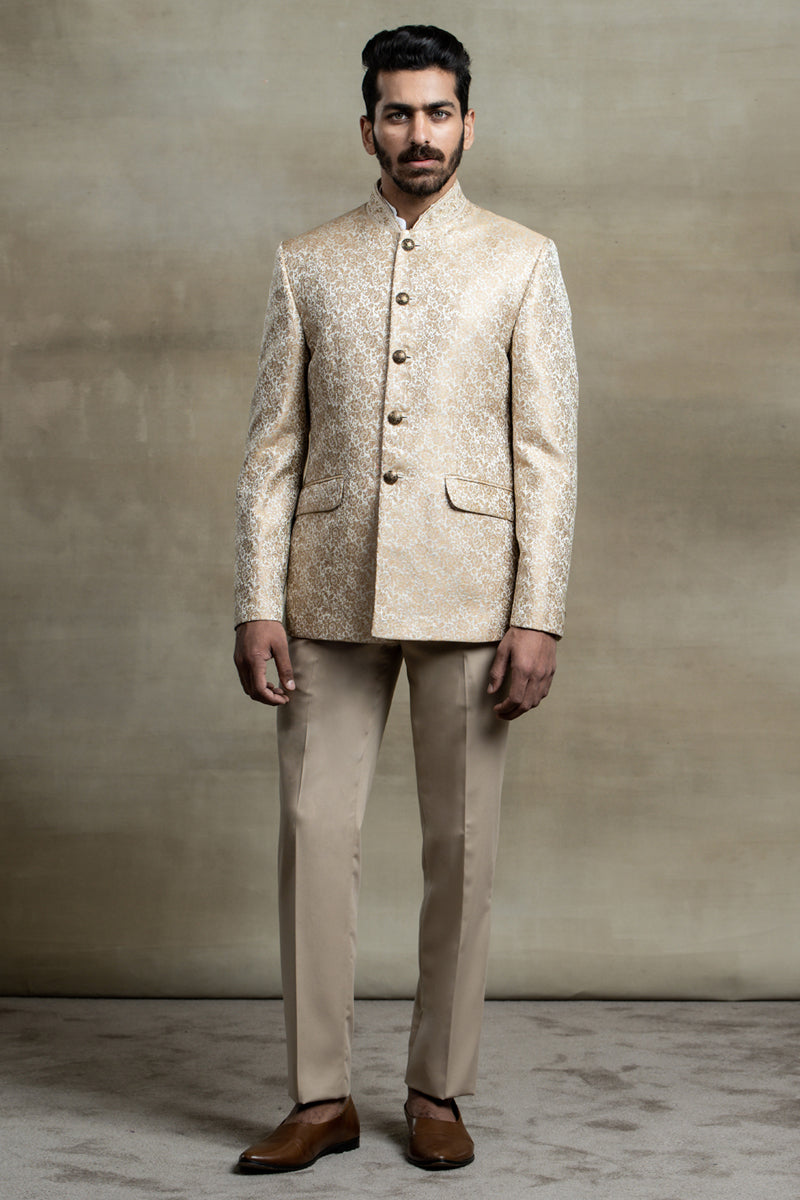 Ivory Jacquard Bandhgala With Collar Detailing