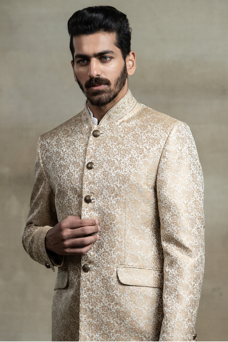 Ivory Jacquard Bandhgala With Collar Detailing