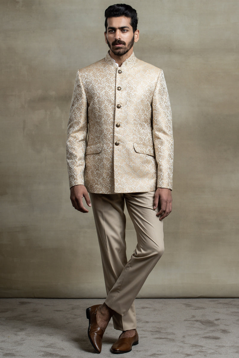 Ivory Jacquard Bandhgala With Collar Detailing