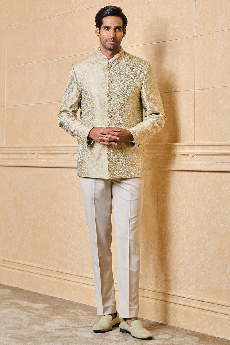 Light Green Jacquard Bandhgala With Collar Detailing