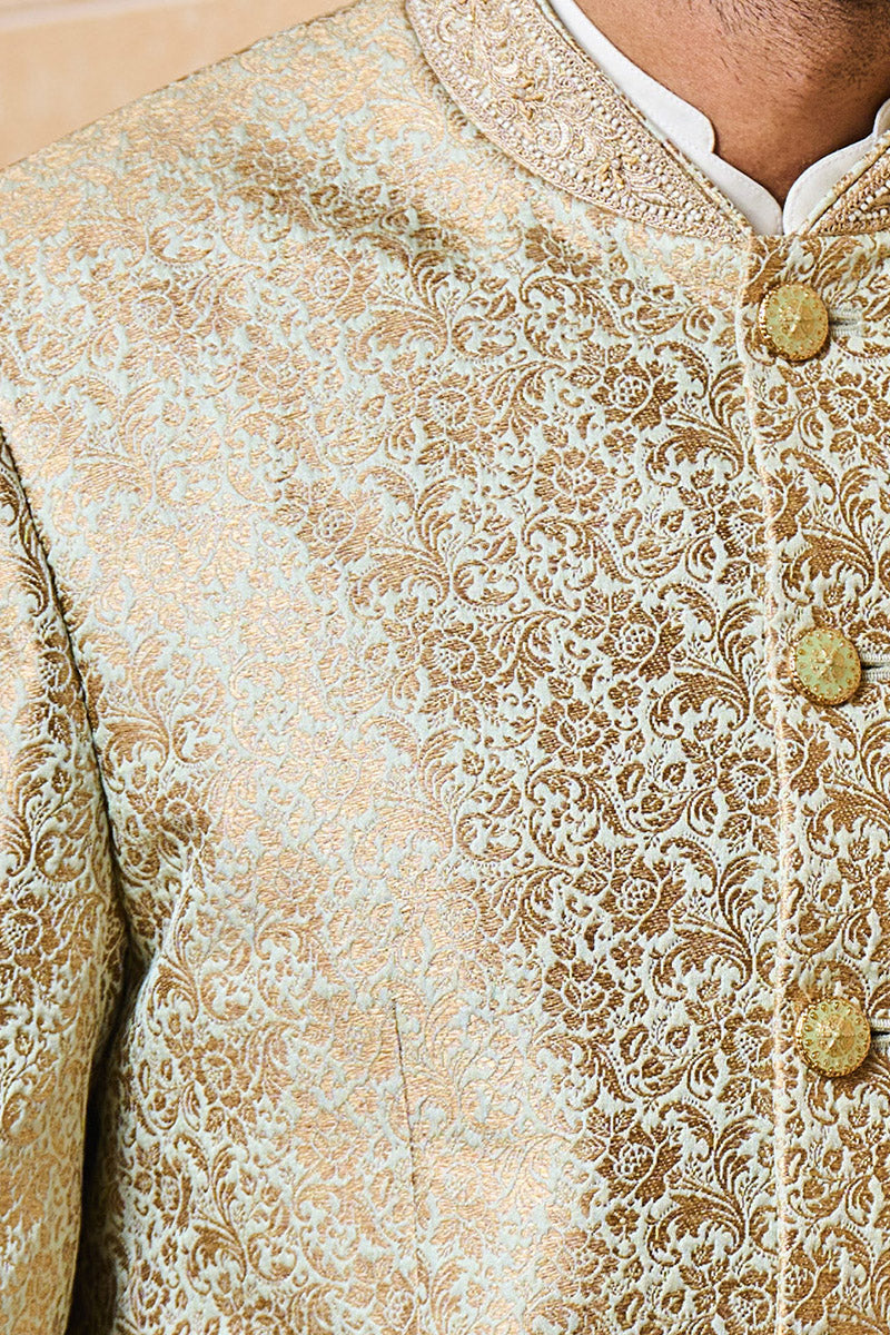 Light Green Jacquard Bandhgala With Collar Detailing