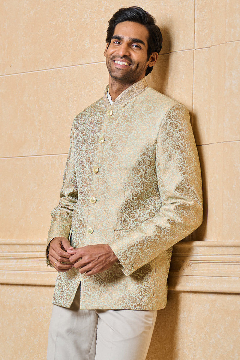 Light Green Jacquard Bandhgala With Collar Detailing