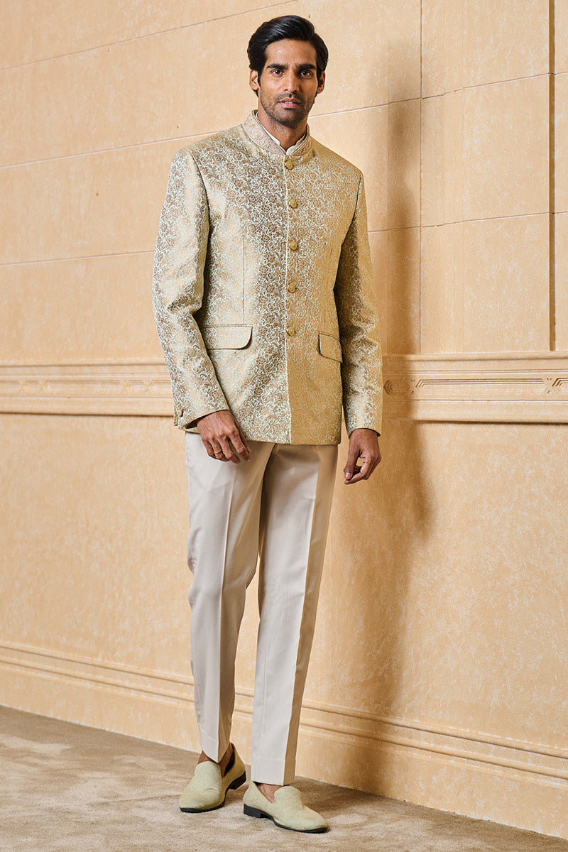 Light Green Jacquard Bandhgala With Collar Detailing