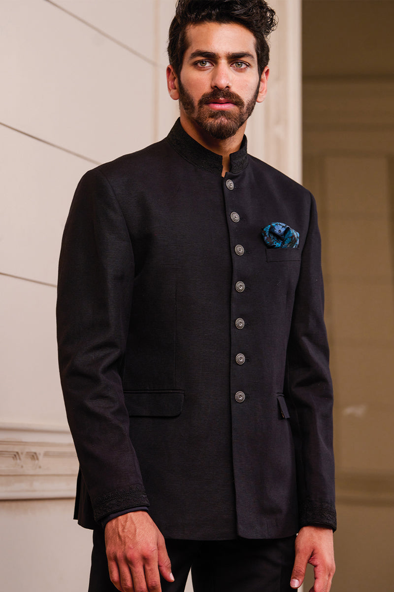 Black Linen Bandhgala With Dori Embroidery