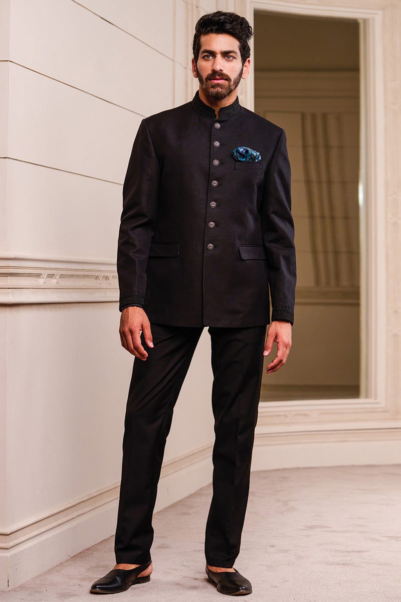 Black Linen Bandhgala With Dori Embroidery