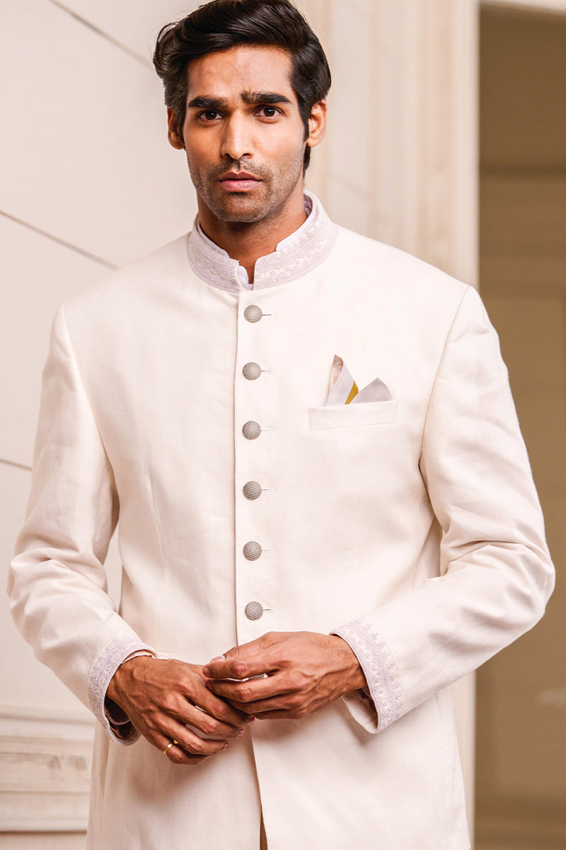 Ivory Linen Bandhgala With Dori Embroidery