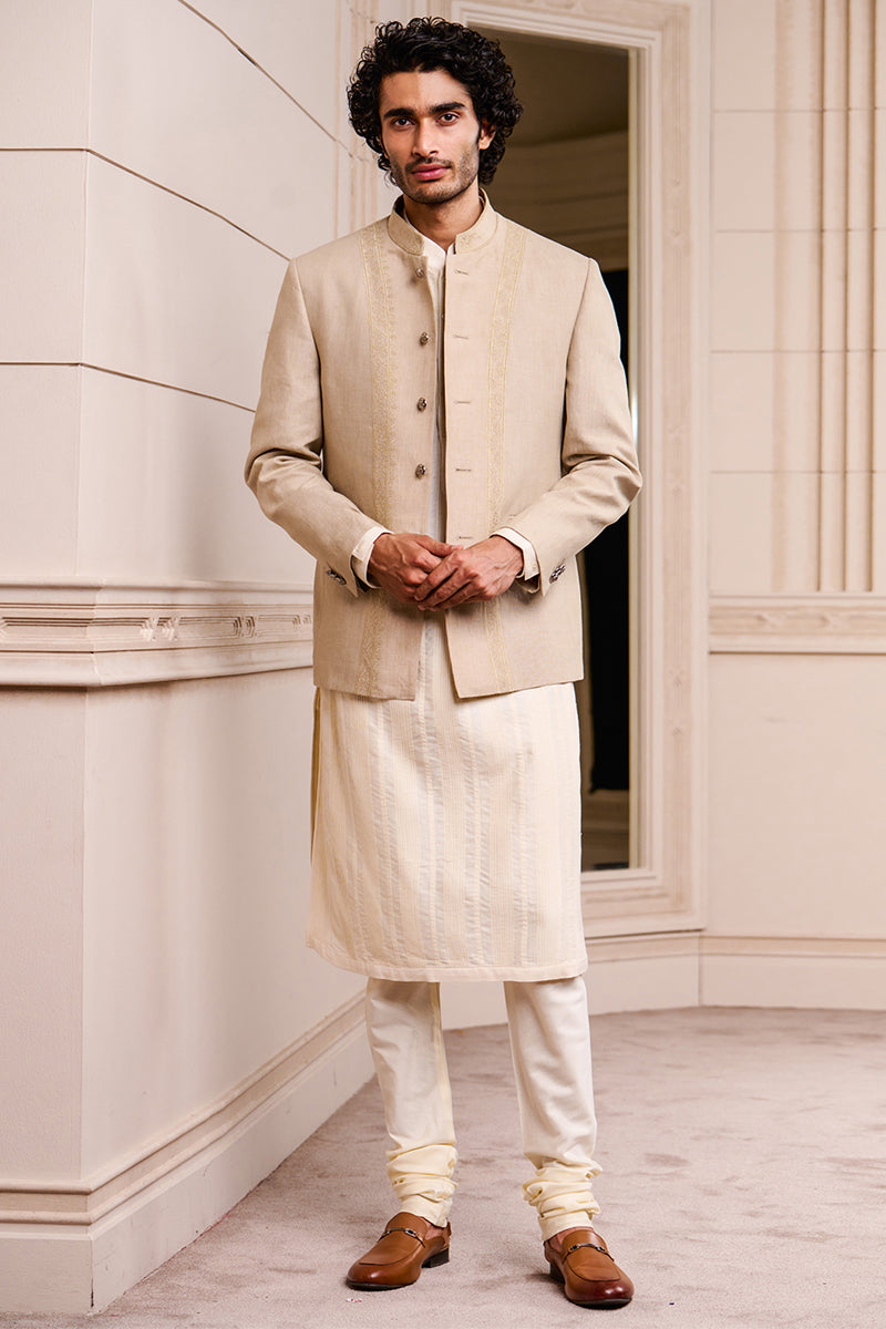 Khaki Linen Bandhgala With Front Dori Embroidery