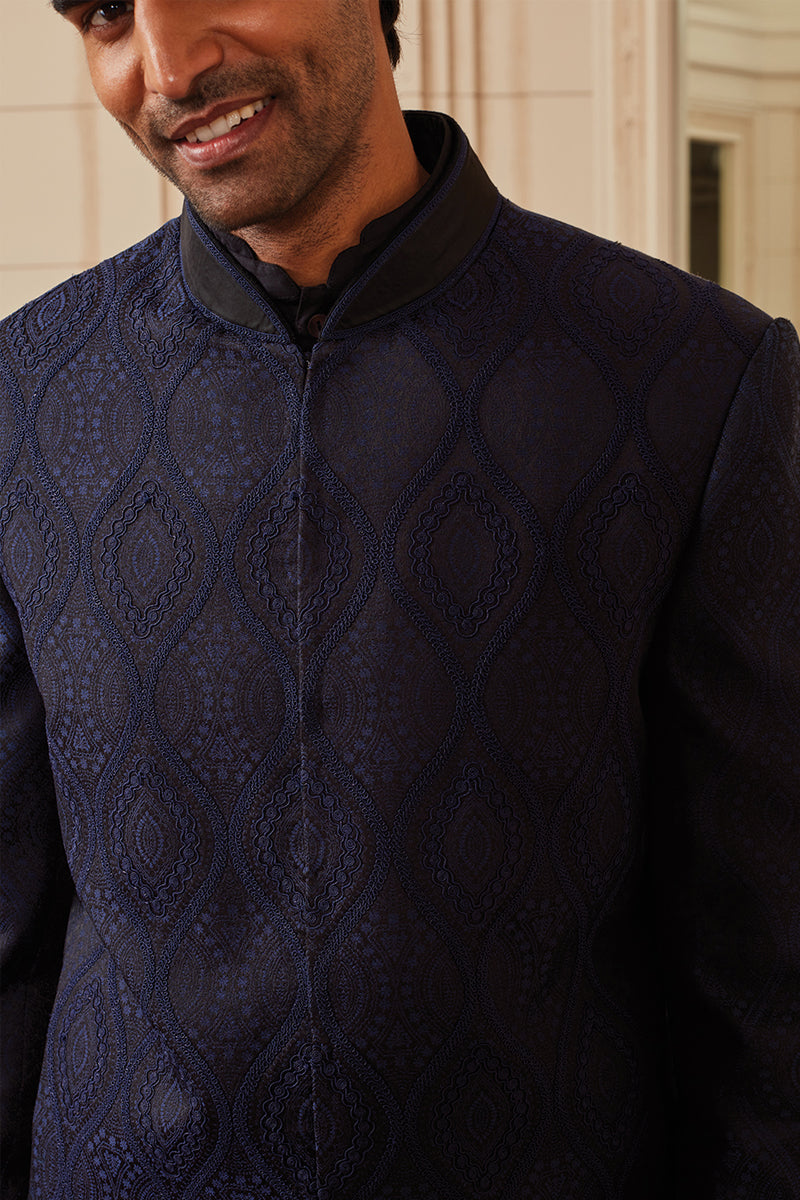 Navy All Over Jacquard Bandhgala With Embroidery