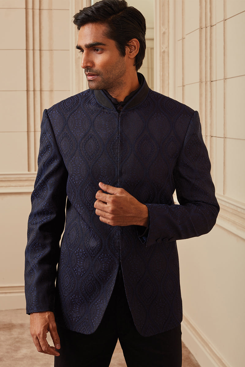 Navy All Over Jacquard Bandhgala With Embroidery