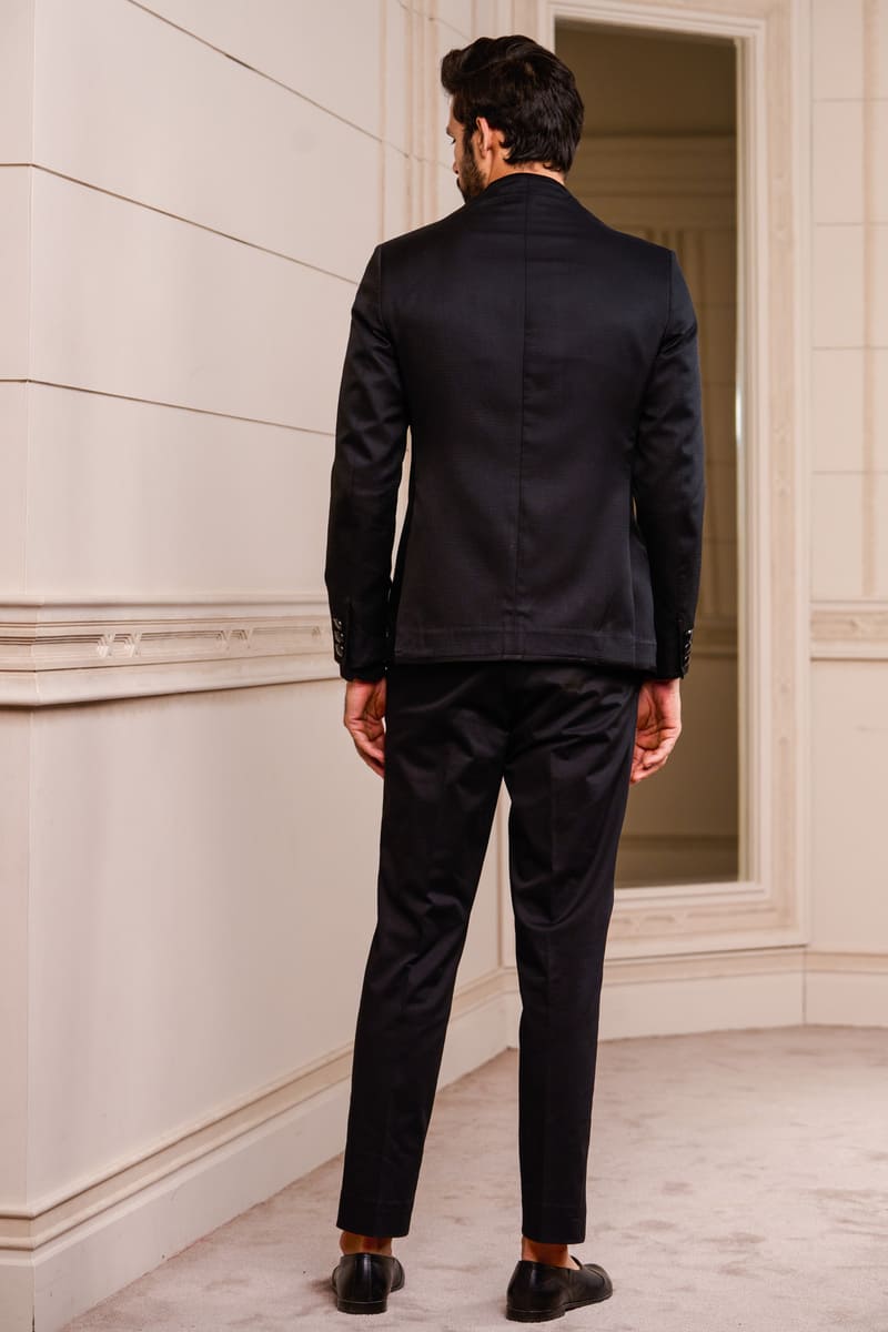 Black Semi Structured Textured Bandhgala