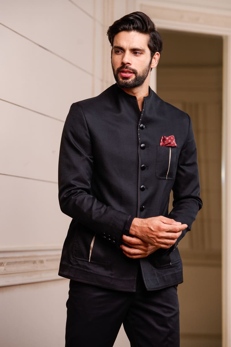 Black Semi Structured Textured Bandhgala