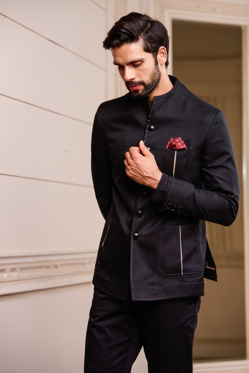 Black Semi Structured Textured Bandhgala