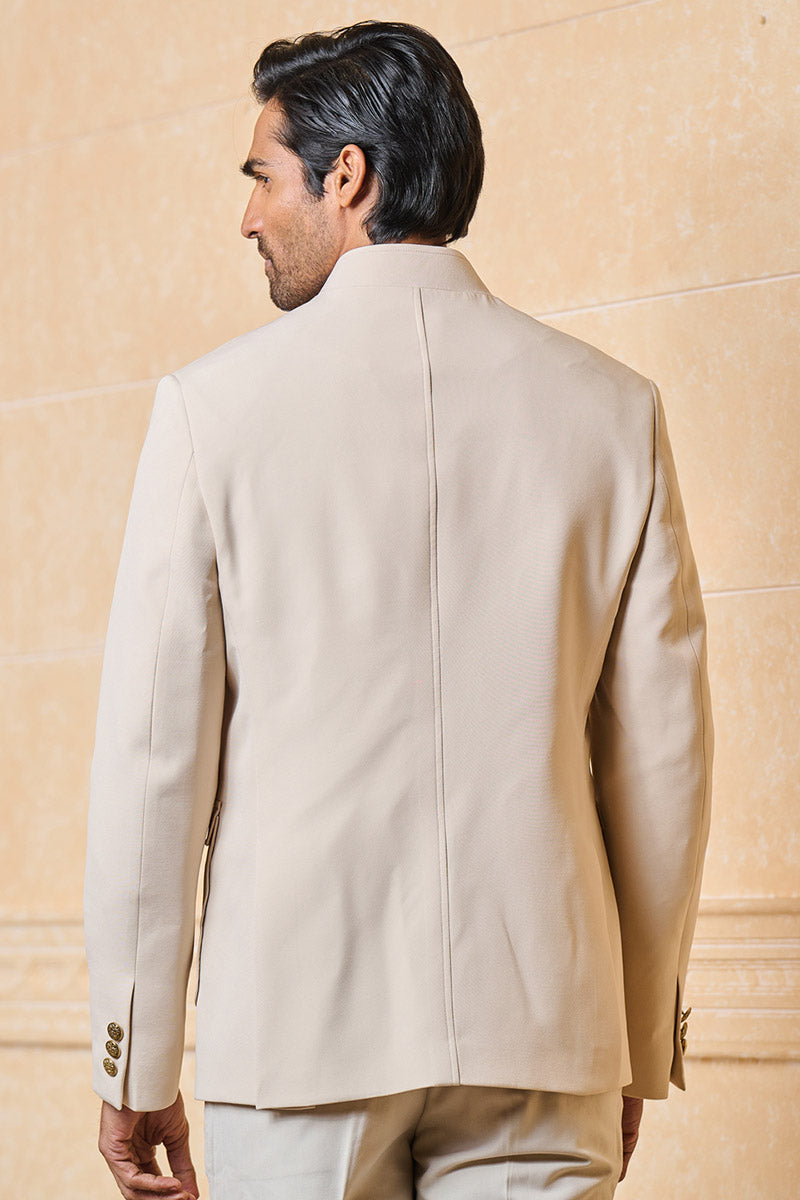 Cream Crepe Bandhgala With Patch Pockets Detailing