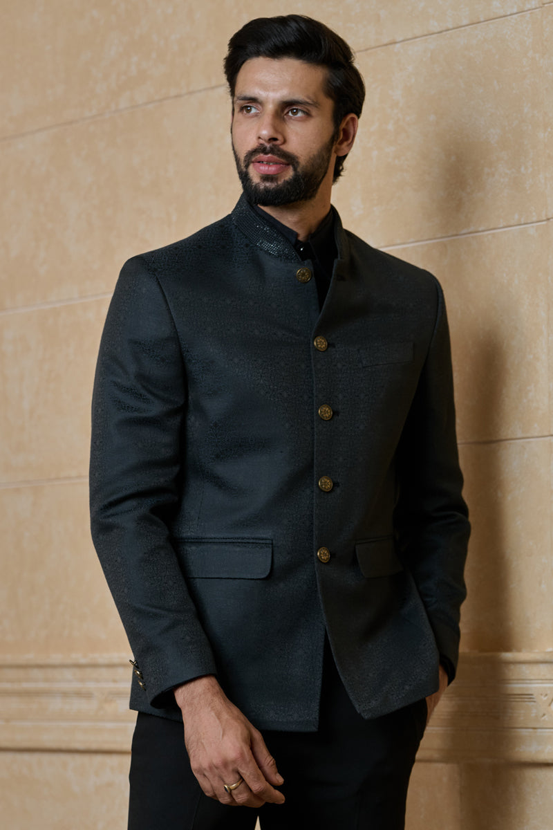 Black Classic Bandhgala With Embroidered Collar