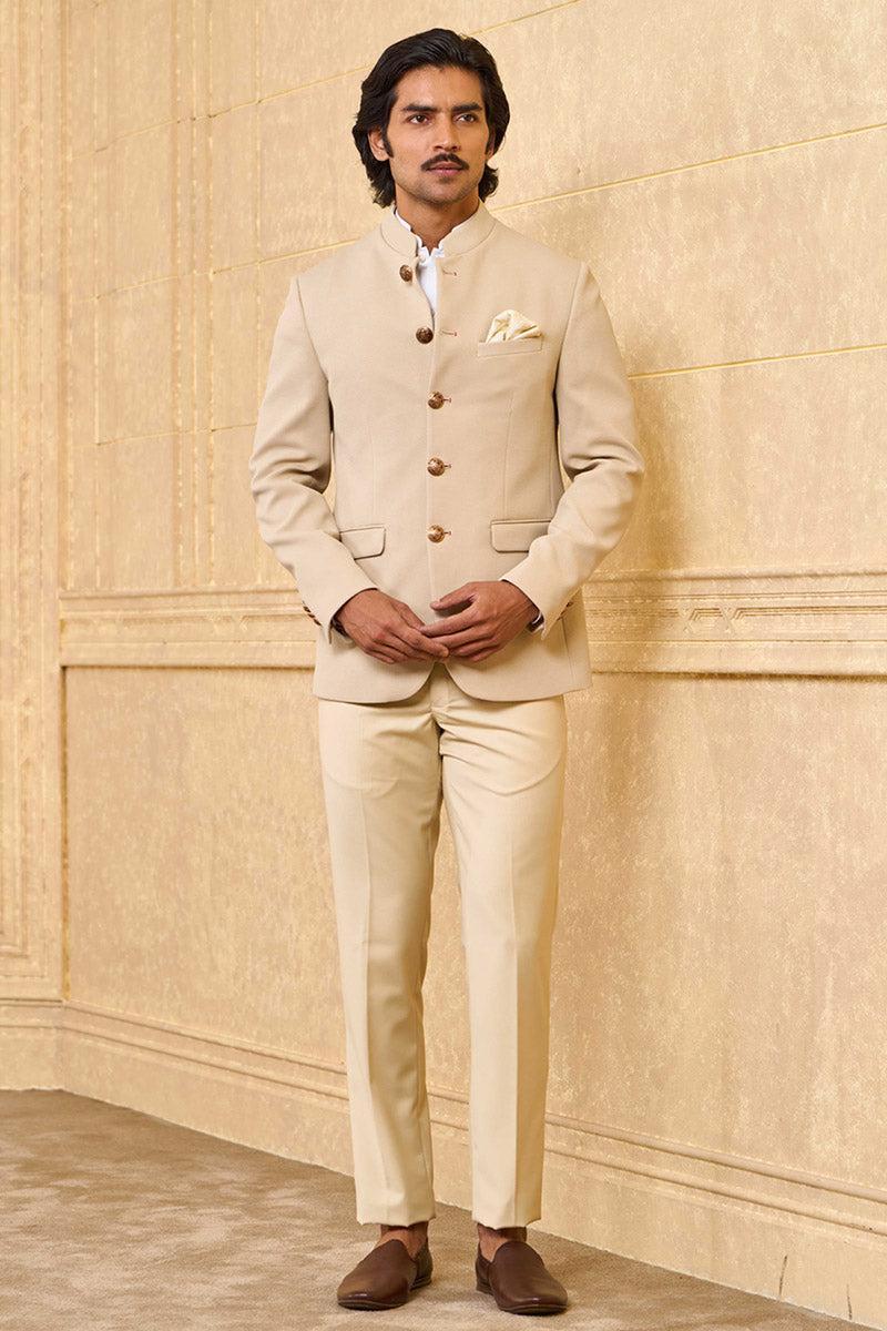 Beige Knit Bandhgala With Metallic Buttons